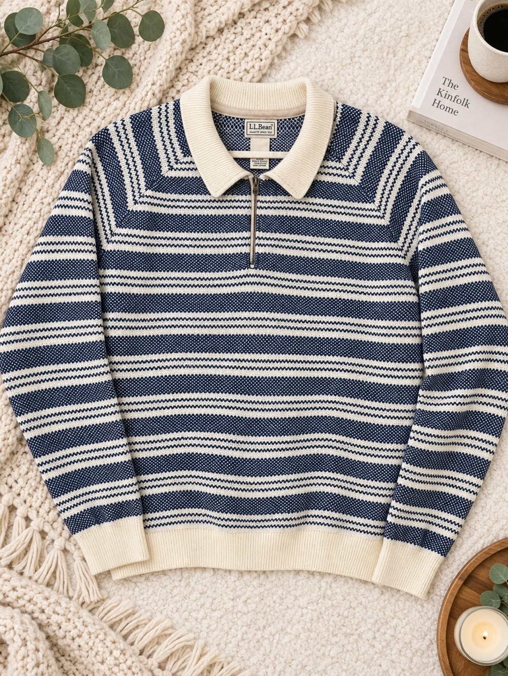 L.L.Bean Striped Polo Collar Sweater Blue Cream XL